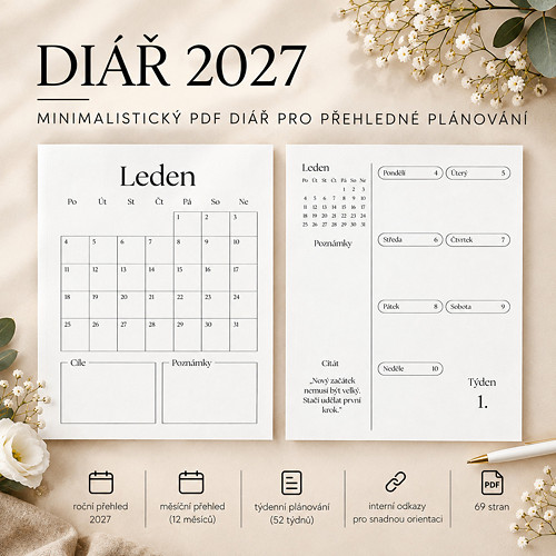 Diář 2027 – minimalistický týdenní plánovač PDF