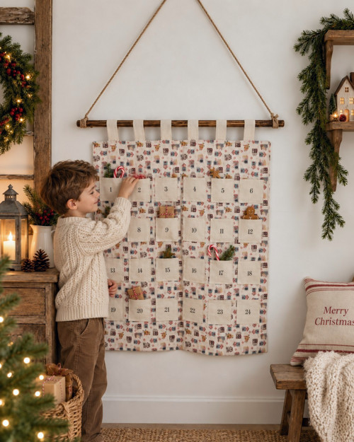 Velký látkový adventní kalendář s dřevěnou tyčí