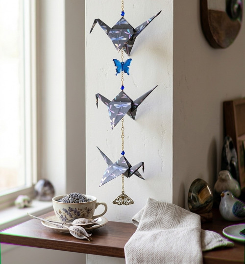 Origami závěs s šesti jeřáby a korálky