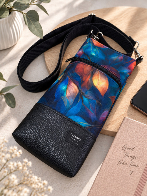 Vitráž barevné listy - crossbody taštička na mobil