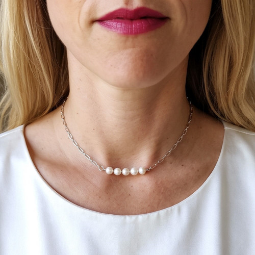Náhrdelník choker - říční perly na řetízku