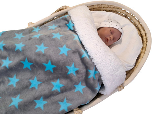 Deka - fleece s beránkem šedá tyrkysové hvězdičky