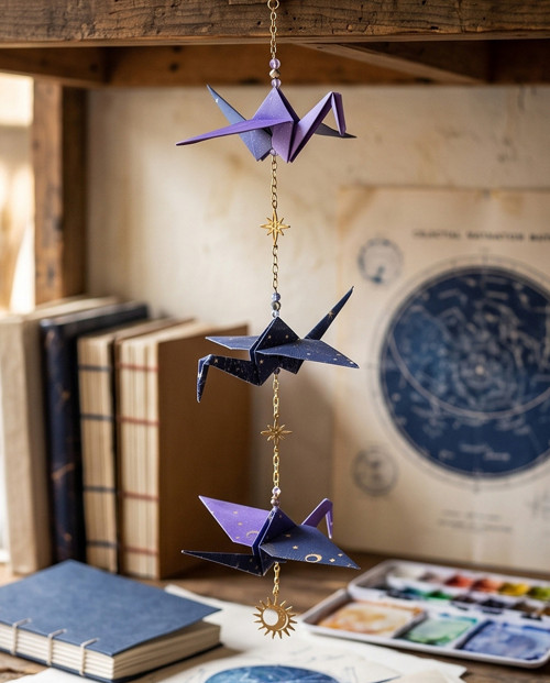 Origami závěs s šesti jeřáby a korálky