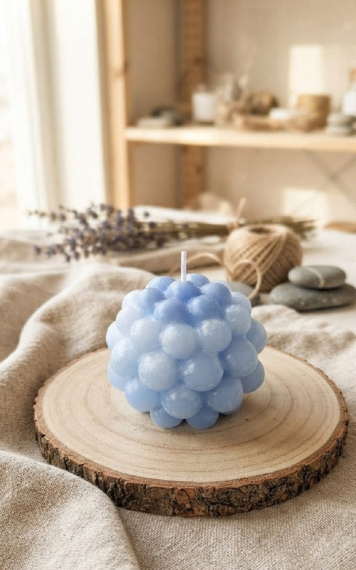 Modrá „Bubble“ svíčka – Pomeranč a koření