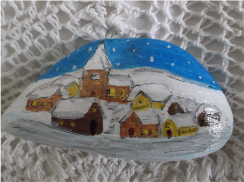Zimní vesnička malovaná na kameni. 8,5 cm x 4,5 cm