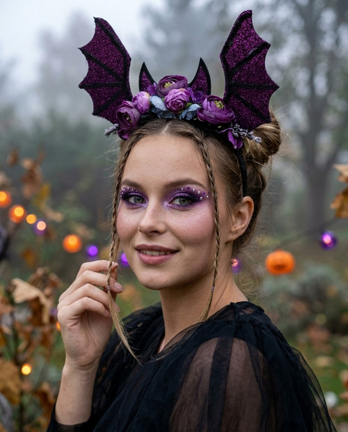 Fialová květinová čelenka s netopýřími křídly
