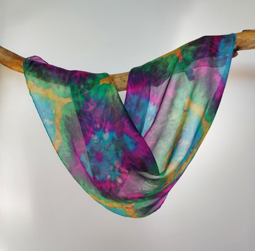 Hedvábný šátek šibori – fialová a tyrkys 65×65 cm