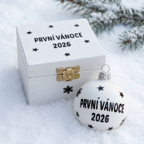 Bílá baňka První Vánoce 2026 v dárkové krabičce