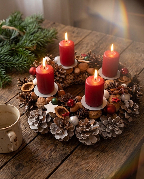 Adventní věnec staročeský přírodní s bordo