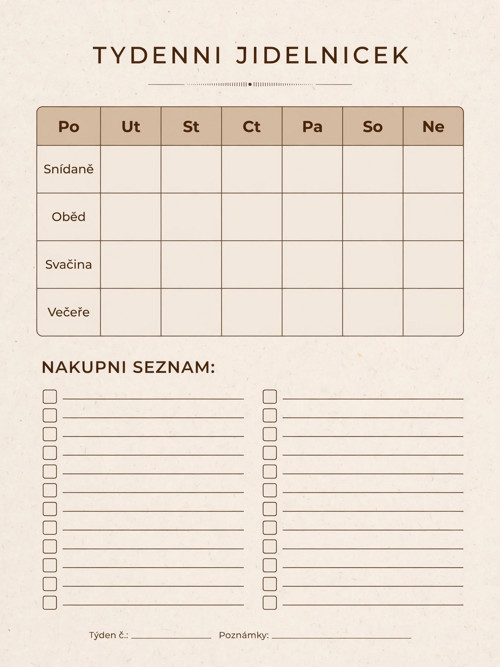 Týdenní jídelníček + nákupní seznam na A4 - PDF