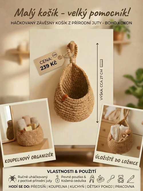 Háčkovaný závěsný košík z přírodní juty-Boho kokon