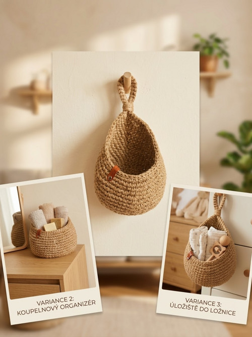 Háčkovaný závěsný košík z přírodní juty-Boho kokon