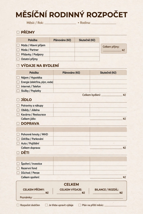 Měsíční rodinný rozpočet na A4 - PDF k vytištění -