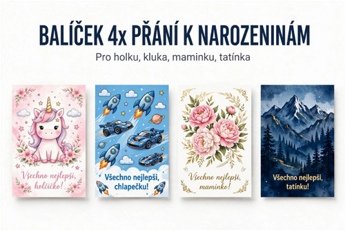 BALÍČEK 4x Přání k narozeninám k vytištění