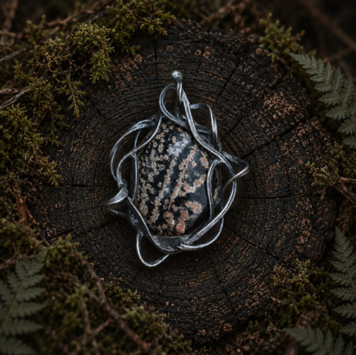 Přívěsek Flower Obsidian - gotický cínovaný šperk