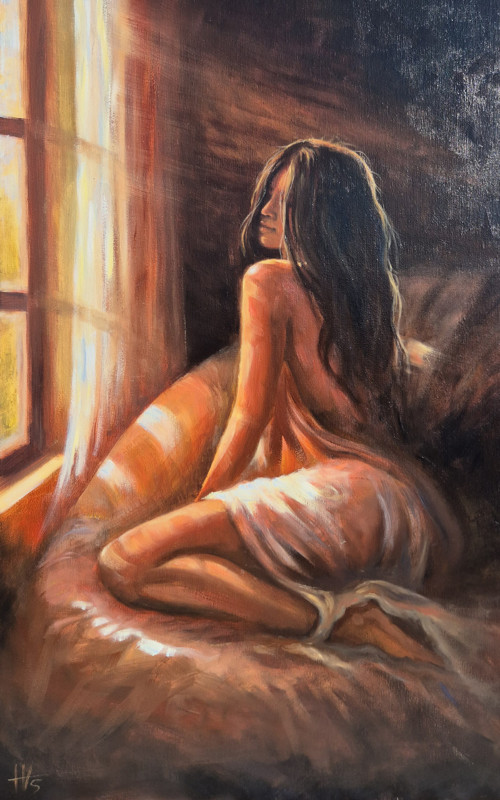 Světlo za oknem - originální olejomalba 50x80 cm