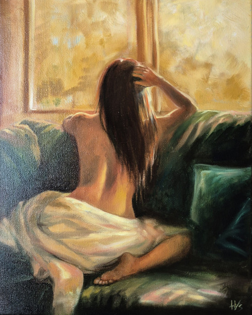 Zelená pohovka – originální olejomalba 40 x 50 cm
