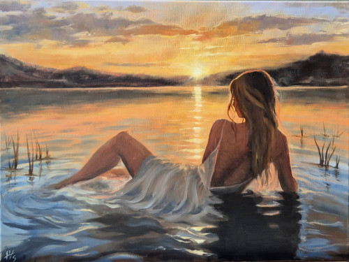 U jezera – originální olejomalba 80 x 60 cm