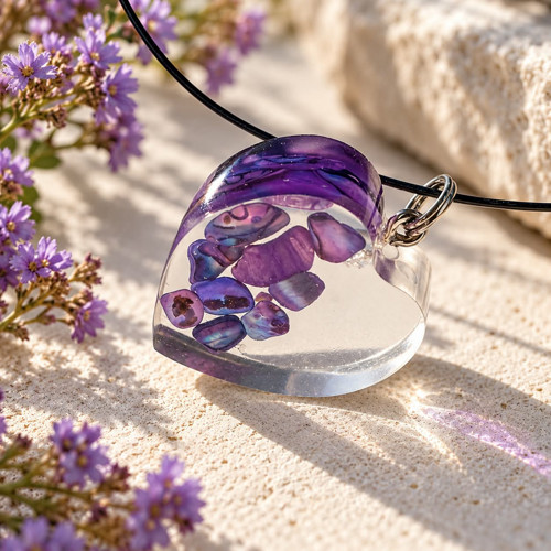 NÁHRDELNÍK z pryskyřice - Srdce mušle Paua levandé