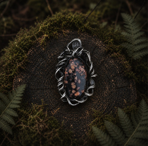 Přívěsek z obsidiánu - gothic cínovaný šperk 7