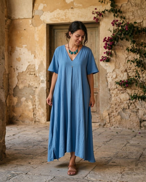Boho levandulově modré šaty s kapsami v. XL-XXL