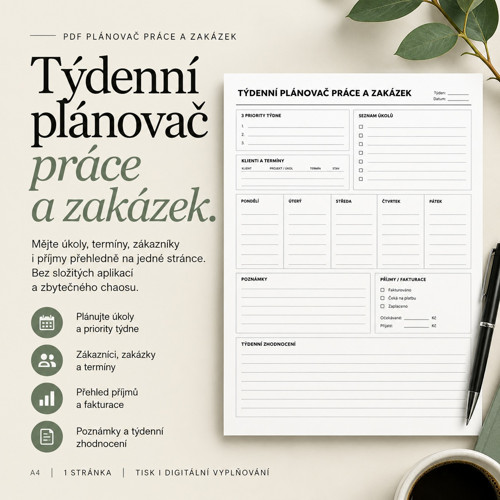 Týdenní plánovač práce a zakázek – PDF k tisku