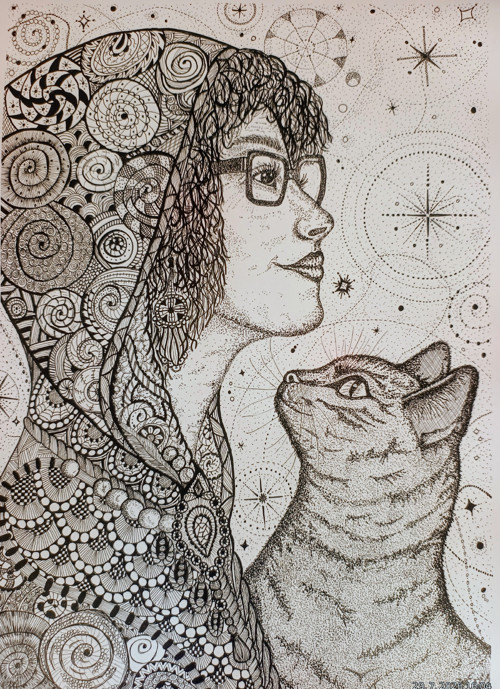 Lady and cat (zentangle)
