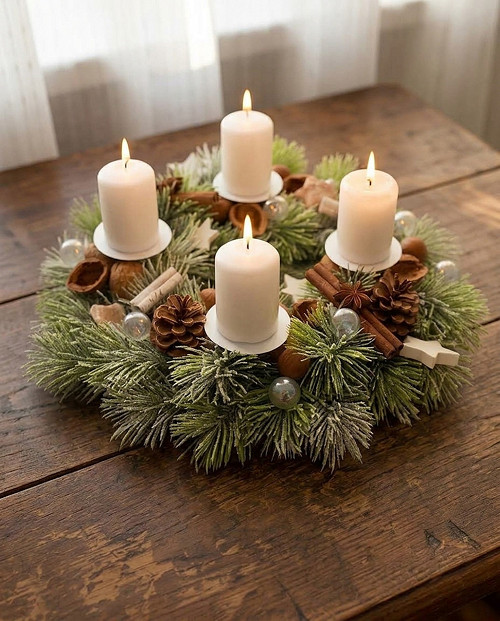 Staročeský adventní věnec s bílým 3D jehličím