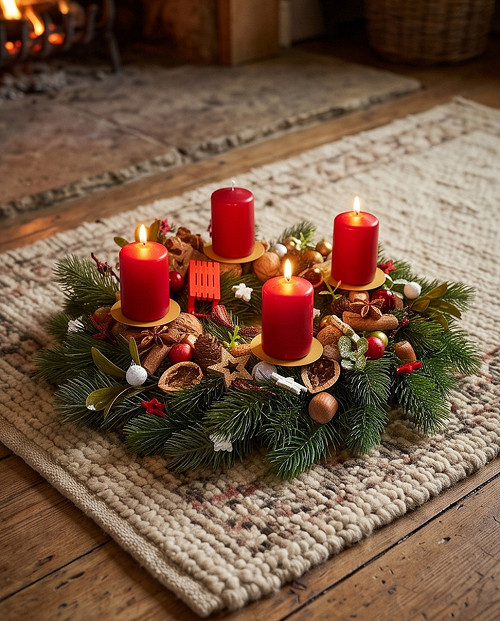 Adventní věnec bordo s přírodními dekoracemi