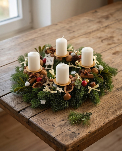 Adventní věnec s přírodními dekoracemi v bílé
