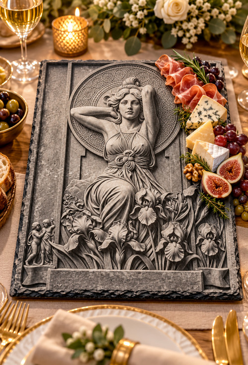 Břidlicový tác 45 × 35 cm, Secesní dáma s kosatci