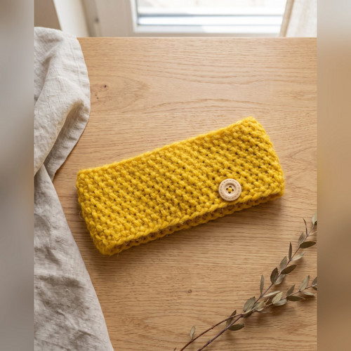 Pletená čelenka - žlutá s dřevěným knoflíkem