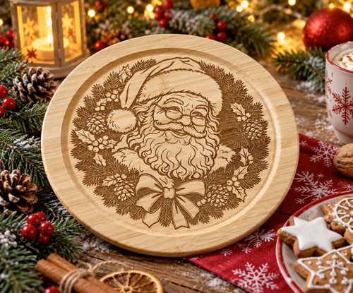 Bambusový podnos se Santou – Ø 25 cm, gravírovaný