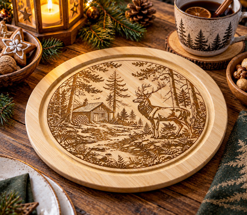 Bambusový podnos s jelenem – Ø 25 cm, gravírovaný