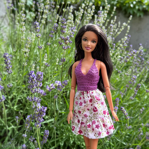 Suknička pro Barbie - kvítky purpurové, s volánkem
