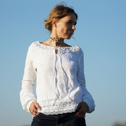 Boho rustikální halenka s krajkou bílá