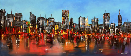 Noční velkoměsto - orig.akryl panorama 90x40 cm