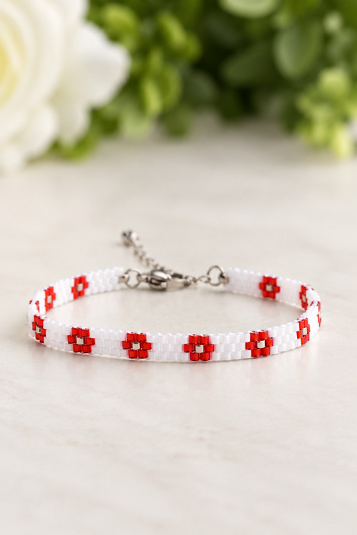 Šitý náramek Daisy " Bílá a červená "