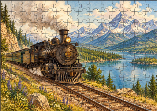 PUZZLE 300 dílků s kreslenou parní lokomotivou