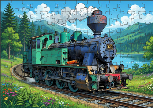 PUZZLE 300 dílků s kreslenou parní lokomotivou II