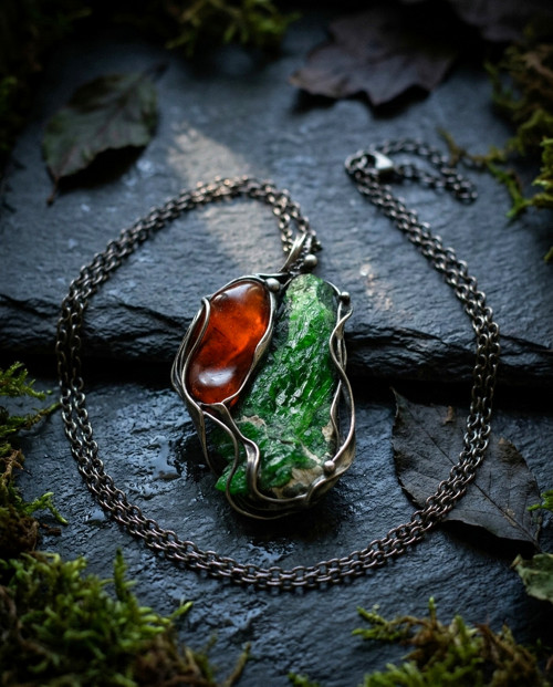 Amulet lesního lidu...chromdiopsid, jantar
