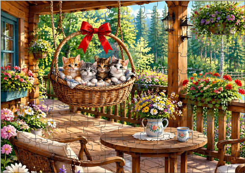PUZZLE 300 dílků kočičky v košíku na pergole