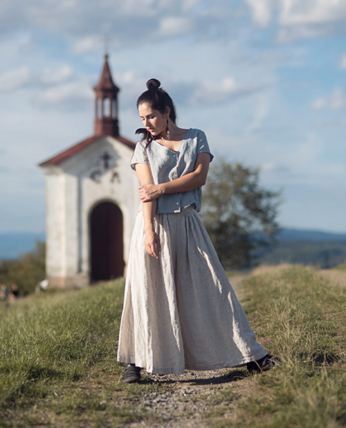 Lněná široká kalhotová sukně Režná