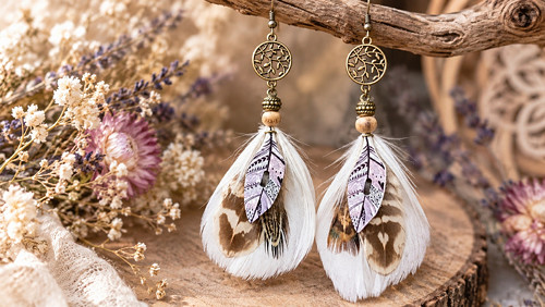 Ručně dělané peříčkové náušnice - Boho