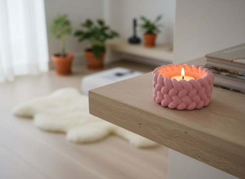 Pletený designový svícen - růžová