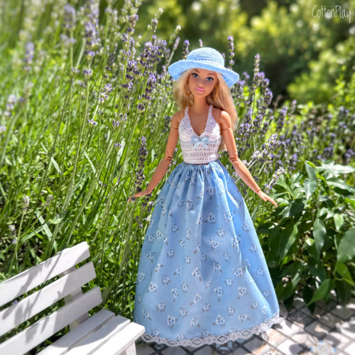 Sada oblečení pro Barbie - Světle modrá s kvítky