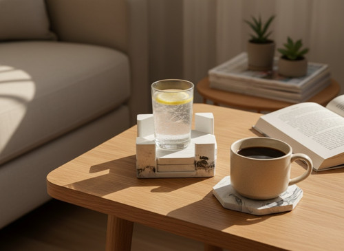 Designový set podtácků se stojanem (Mramorový efek