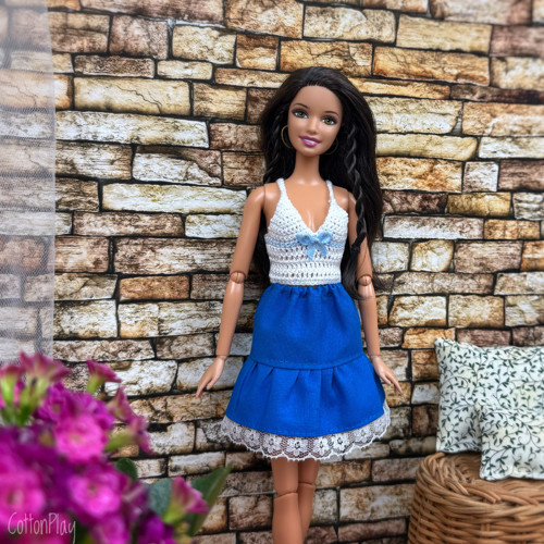 Suknička pro Barbie - modrá, s volánkem a krajkou