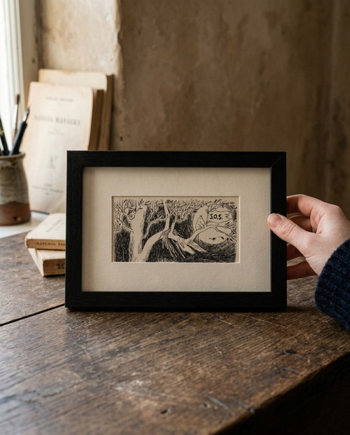 Mumínek volá o pomoc vintage ilustrace v rámu
