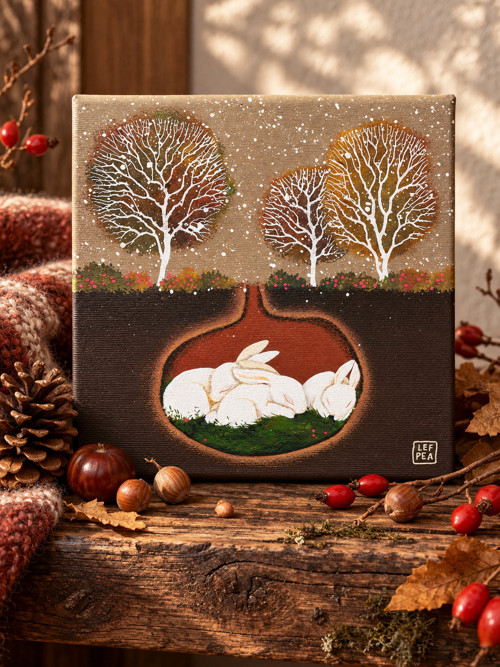 V zimním pelíšku / originální obraz - 20x20cm